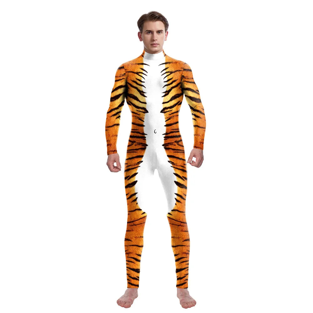 FCCEXIO Tier Tiger Streifen Druck Urlaub Party Nahtlose Erwachsene Kostüme Sexy Overall Tragen Cosplay Bodywear Catsuit Bodysuit