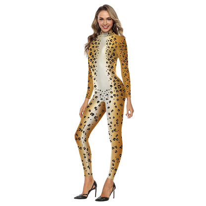 FCCEXIO Cosplay Sexy Zebra Leopard Muster Bodys Frauen Langarm Kostüme Purim Karneval Overall Für Erwachsene