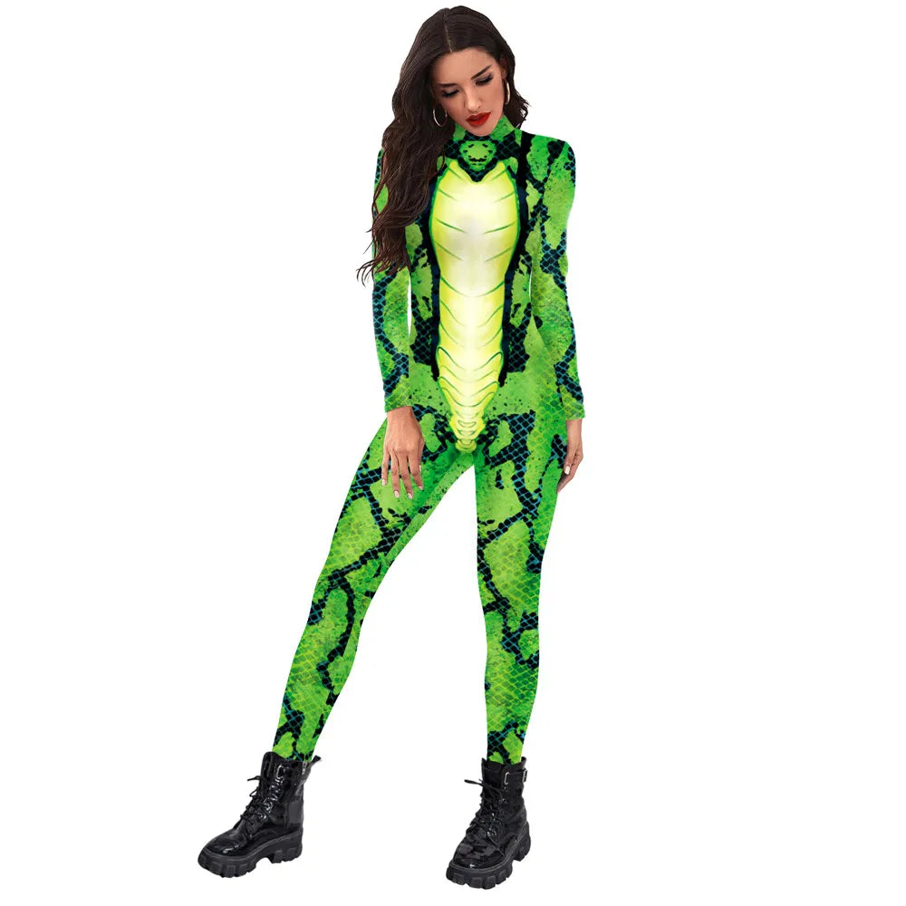 FCCEXIO Green Snake Sexy Printed Women Jumpsuit Carnival Fancy Party Cosplay Costume Bodysuit Adults Fitness Onesie Outfits