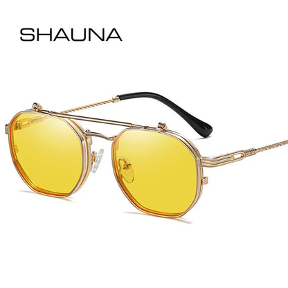 SHAUNA Retro Metal Punk Polygon Square Polarized Men Sunglasses Fashion Women Flip Clear Ocean Lens Sun Glasses Shades UV400