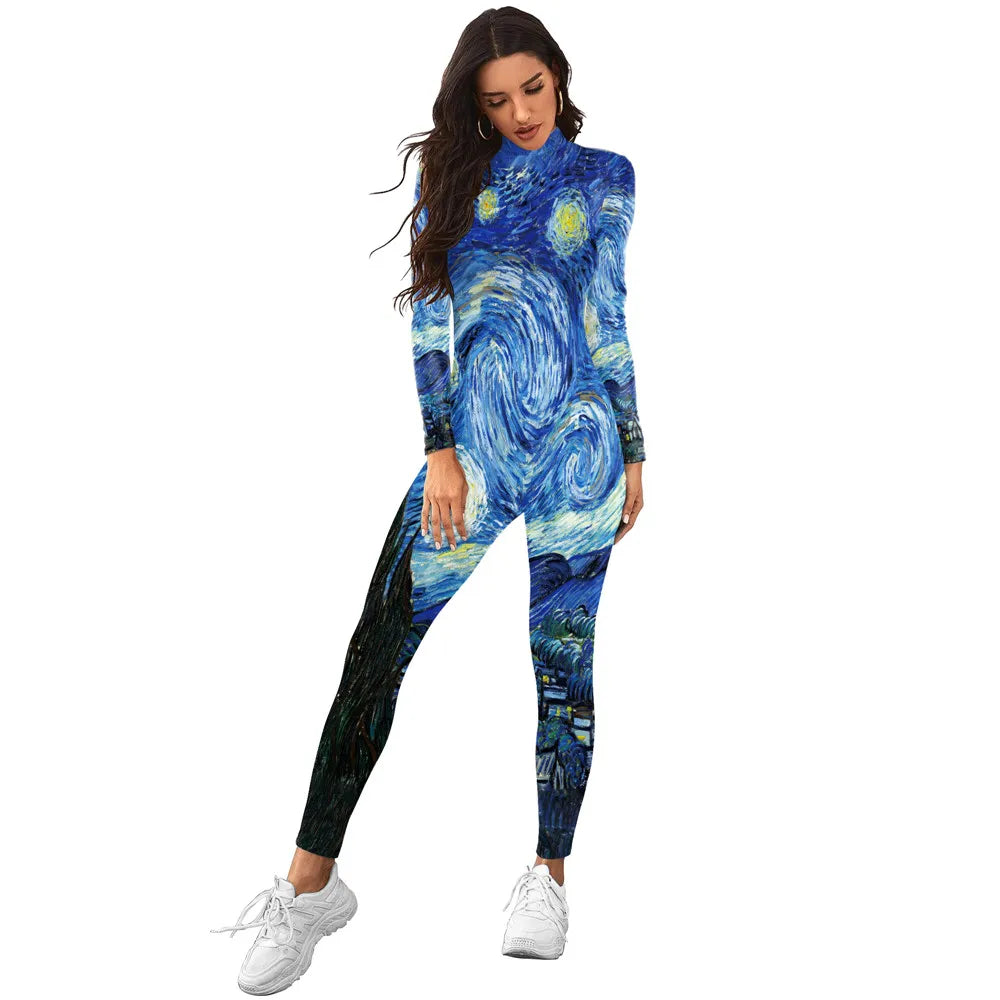 FCCEXIO Enganliegende Jumpsuits für Damen mit Van Gogh-Gemälden in Stern- und Mondnacht, Cosplay-Kostüme, langärmelige Catsuits, modische Bodysuits