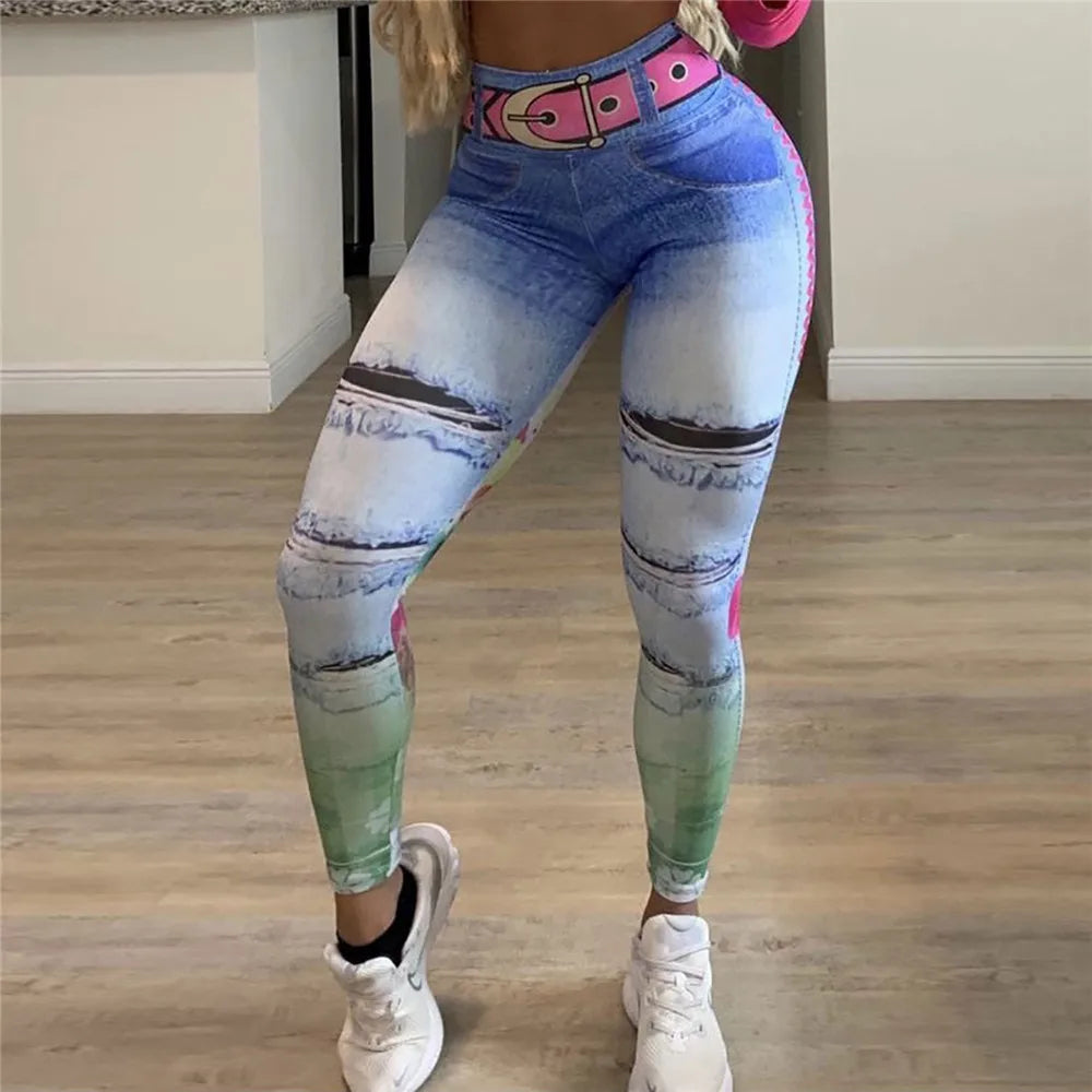 FCCEXIO Denim Téléphone 3D Imprimer Femmes Pantalon Push Up Course Leggings De Sport Pantalon Mince Femme Pantalon Décontracté Fitness Legging