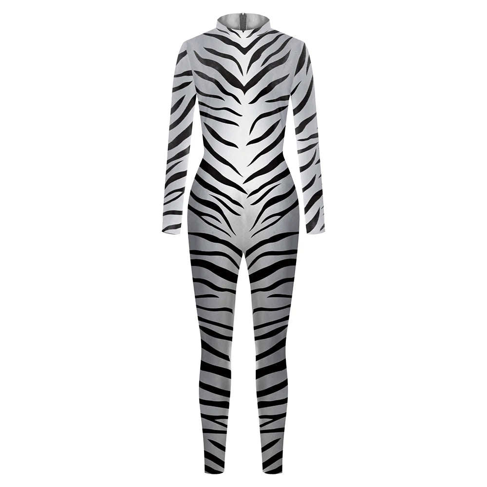 FCCEXIO Cosplay Sexy Zebra Leopard Muster Bodys Frauen Langarm Kostüme Purim Karneval Overall Für Erwachsene