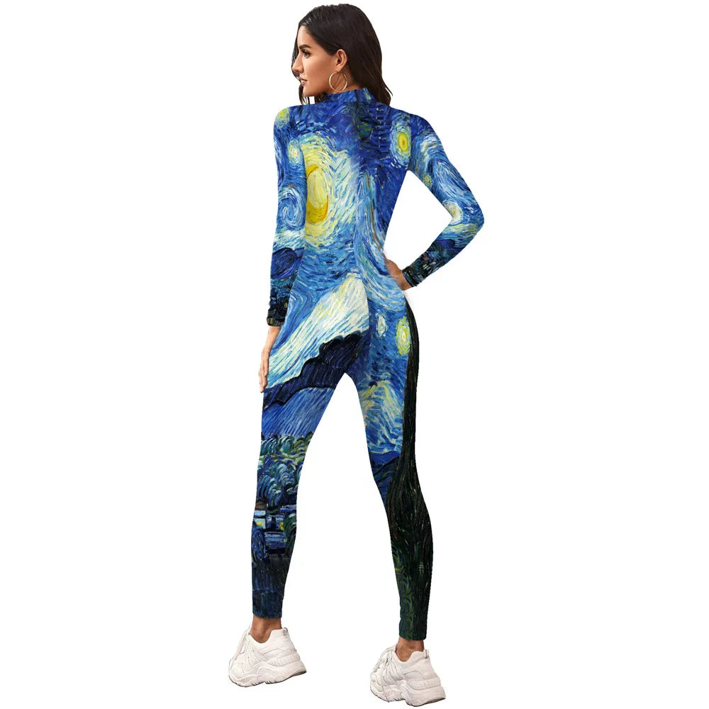 FCCEXIO Enganliegende Jumpsuits für Damen mit Van Gogh-Gemälden in Stern- und Mondnacht, Cosplay-Kostüme, langärmelige Catsuits, modische Bodysuits