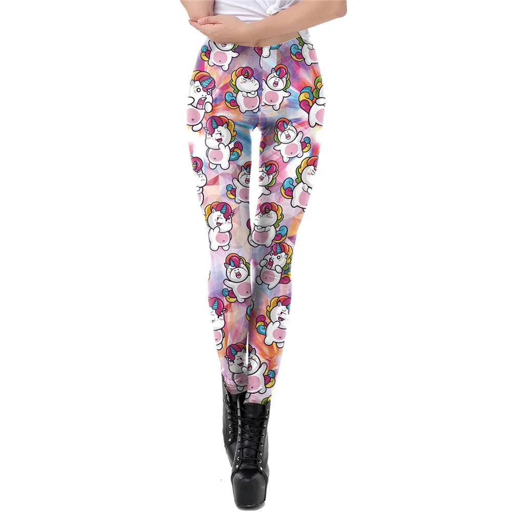 FCCEXIO 2024 New Leggings Fashion Cute Unicorn Print Legings Women Elastic Fitness Leggins Mid Waist Trouser Skinny Sexy Pant