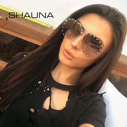 SHAUNA Retro Rivets Women Rimless Pilot Sunglasses Brand Designer Fashion Ladies Gradient Punk Style Glasses