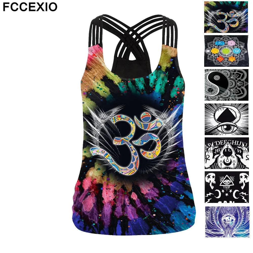 FCCEXIO The OM Symbol Mandala Women Vest Tops 3D Printed Aztec Round Ombre Flower Sling Tops Fashion Sexy Backless Tank Top