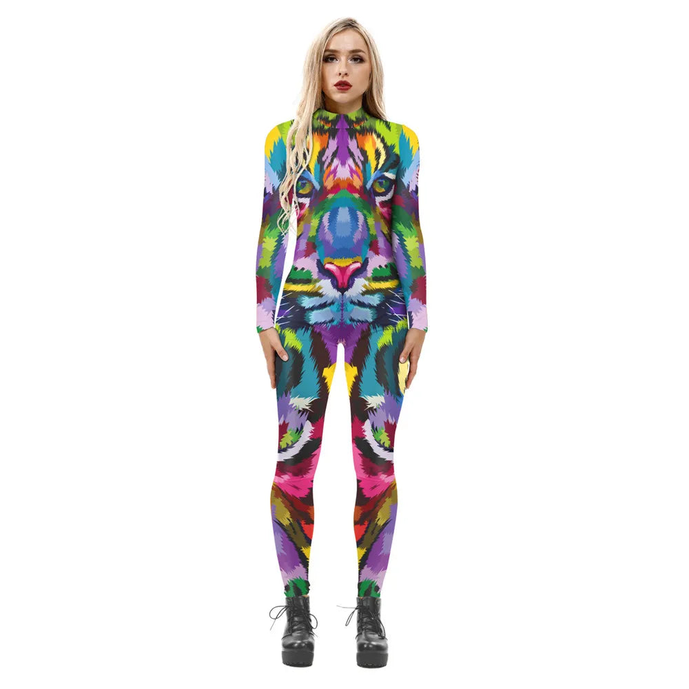 FCCEXIO Colorful 3D Tiger Print Jumpsuit  Long Sleeve Sexy Women Skinny Jumpsuit Party Series Cosplay Elastic Bodysuits