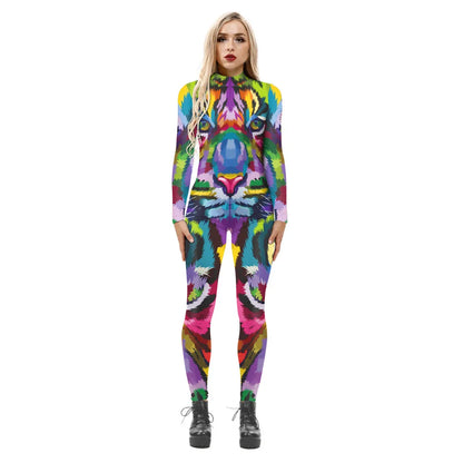 FCCEXIO Colorful 3D Tiger Print Jumpsuit  Long Sleeve Sexy Women Skinny Jumpsuit Party Series Cosplay Elastic Bodysuits