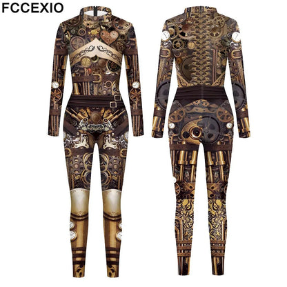 FCCEXIO Mechanischer Stil Damen-Overall, hochwertige neue Langarm-Reißverschluss-Anzug, Cosplay-Kostüm, Steampunk-Party-Kostüme