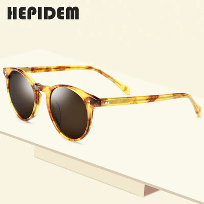 HEPIDEM Acetate Polarized Sunglasses Women New Vintage Retro Circle Round Sun Glasses for Men Women Transparent Sunglass 9113