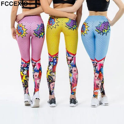 FCCEXIO Nouveau Femmes Drôle Dessin Animé Leggings Taille Haute Impression Pantalon Long Femme Entraînement Patchwork Jeggings Sport Fitness Legging