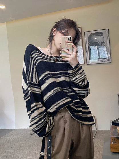 LMQ NEW Women Punk Gothic Striped Long Sleeve Loose Patchwork Sweater Hip Hop Retro Oversize Pullover Casual Knitted Jumpers