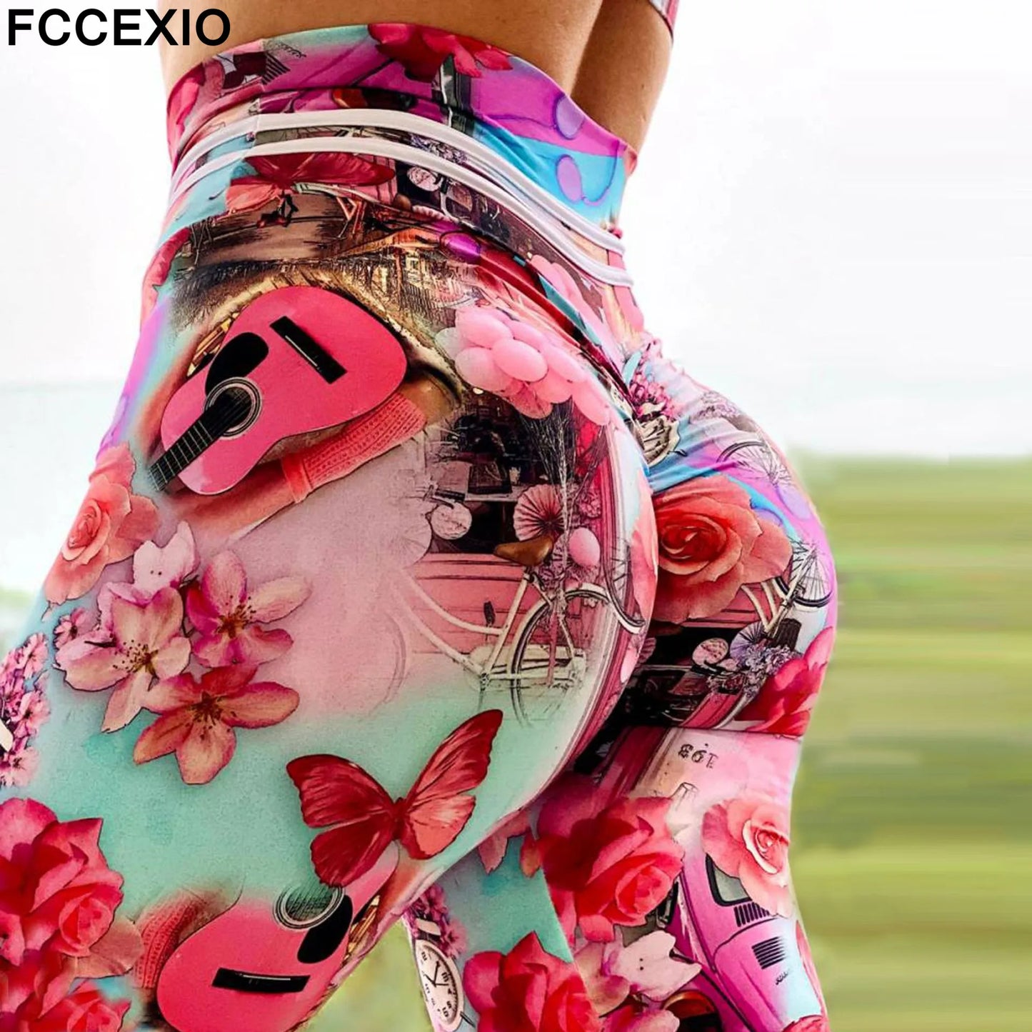 FCCEXIO Leggings pour femmes imprimés 3D rose guitare horloge serré Fitness Legins taille haute pantalons longs mode sexy sport Leggins