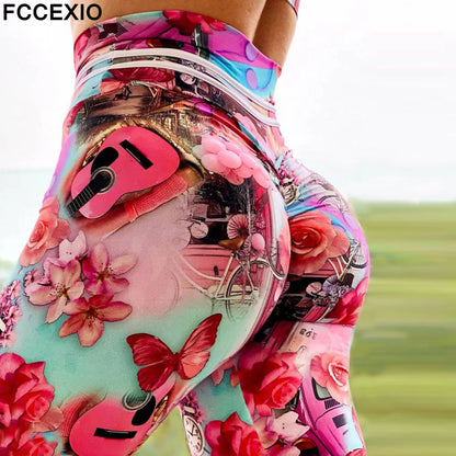 FCCEXIO Leggings pour femmes imprimés 3D rose guitare horloge serré Fitness Legins taille haute pantalons longs mode sexy sport Leggins