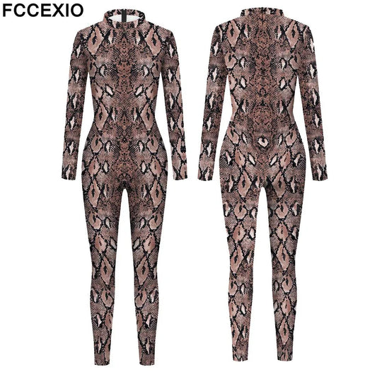 FCCEXIO 2021 New Women's Jumpsuit Sexy Snake Printed Romper Bodycon Female Body Outfits Party Bodysuit Cosplay Costumes