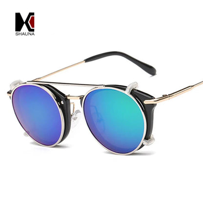 SHAUNA Retro Women Steampunk Sunglasses Brand Designer Flip Separable Lens Fashion Men Round Punk Glasses UV400