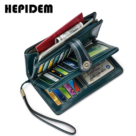 HEPIDEM RFID High Quality Genuine Leather Long Wallet 2020 New Female Front Pocket Money Dollar Bill Purse for Women 3535