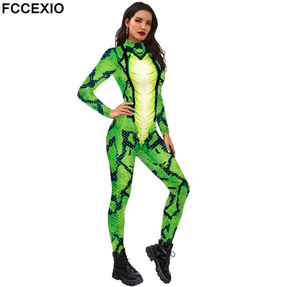 FCCEXIO Green Snake Sexy Printed Women Jumpsuit Carnival Fancy Party Cosplay Costume Bodysuit Adults Fitness Onesie Outfits