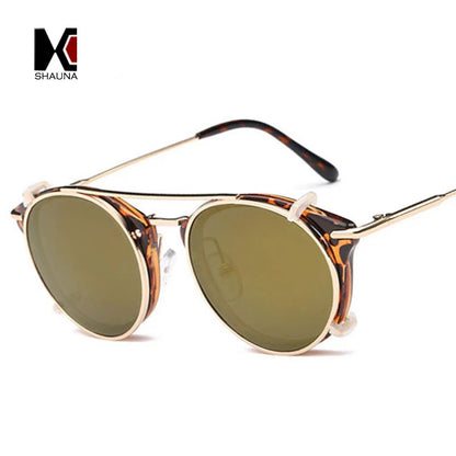 SHAUNA Retro Women Steampunk Sunglasses Brand Designer Flip Separable Lens Fashion Men Round Punk Glasses UV400