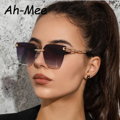 Neue Sonnenbrille Frauen Randlose Cat Eye Brillen Gradienten Braun Schneiden Objektiv Sonnenbrille Für Weibliche Legierung Brillen Marke Designer