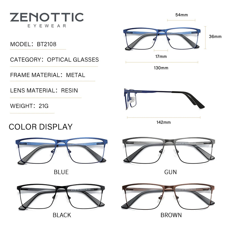 ZENOTTIC 2023 Hommes Alliage de Titane Optique Lunettes Cadre Mode Homme Carré Lunettes Ultra-Léger Métal Lunettes Sans Ordonnance