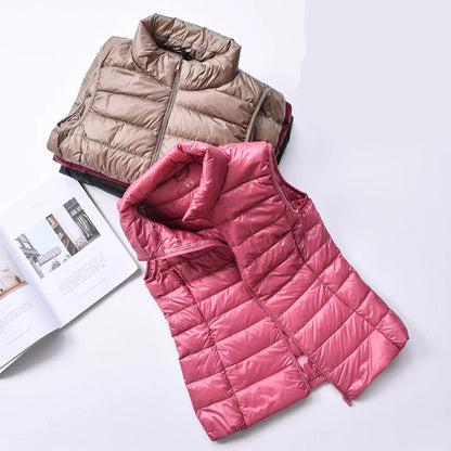 Veste sans manches en duvet de canard ultralégère pour femme, automne et hiver, col haut, nouvelle veste sans manches 90 % duvet de canard blanc pour femme 2024