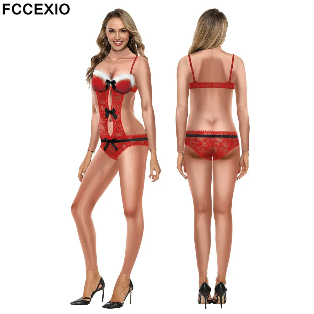 FCCEXIO Sexy Lace 3D Print Women Jumpsuit Xmas Carnival Fancy Party Cosplay Costume Bodysuit Adults Christmas Onesie Outfits