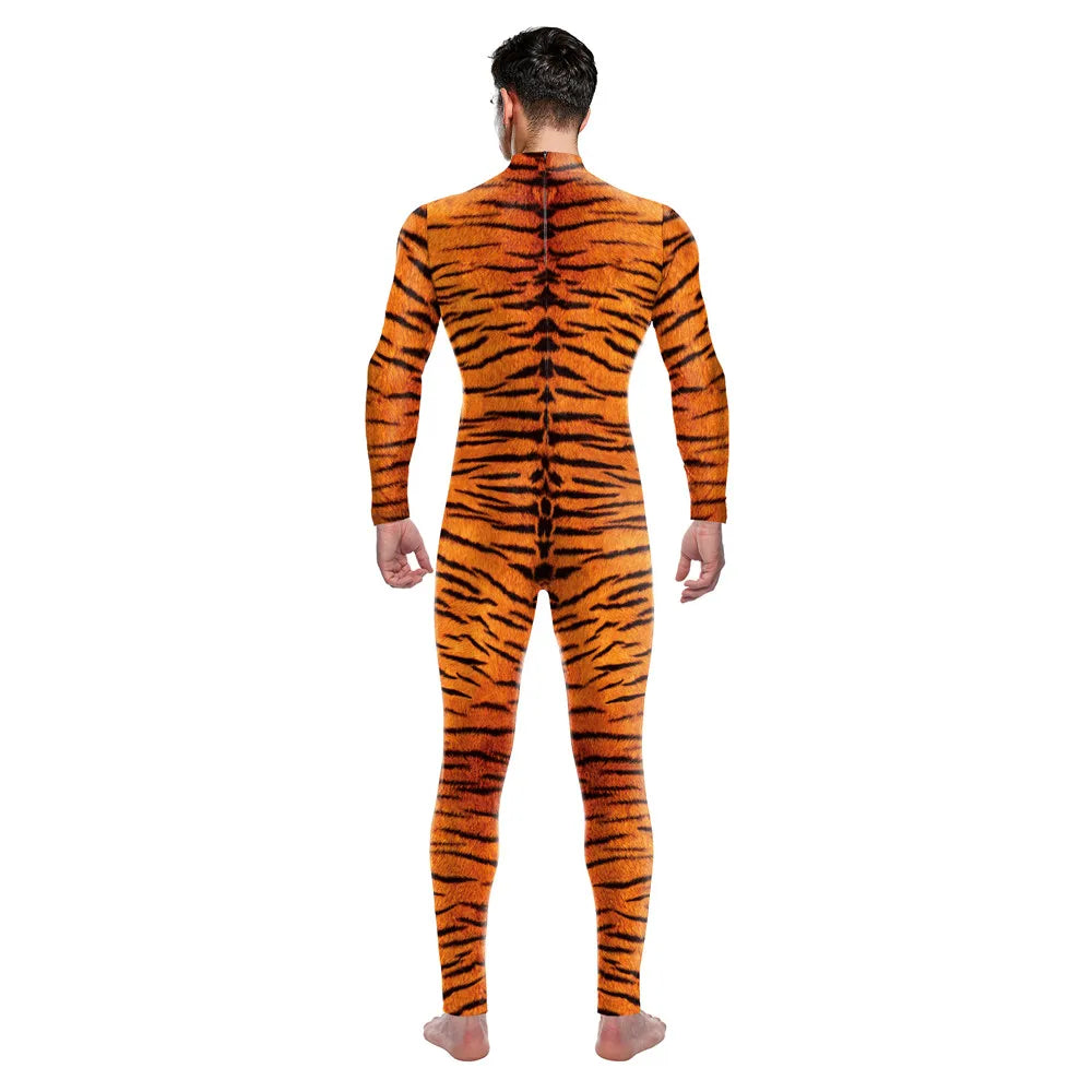 FCCEXIO Tier Tiger Streifen Druck Urlaub Party Nahtlose Erwachsene Kostüme Sexy Overall Tragen Cosplay Bodywear Catsuit Bodysuit