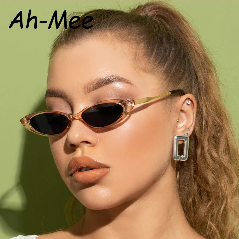 Kleine Sonnenbrille im Cat-Eye-Stil für Damen, schmale getönte Farblinsen, Sonnenbrille mit Metallrahmen, Bonbonfarben, Internet-Berühmtheit, empfohlen