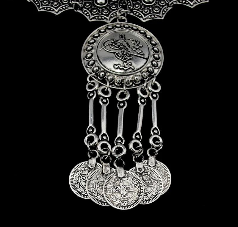 Ethnic Gypsy Vintage Metal Coin Tassel Necklaces Carved Flower For Women Boho Tibetan Silver Necklaces Turkish Tribal Jewelry