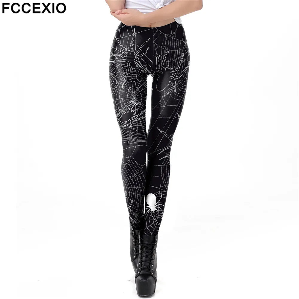 FCCEXIO Halloween Women Leggings Soft Elastic Workout Push Up Pants Spider Web Print Fitness Leggings 3D Trousers Punk Pants