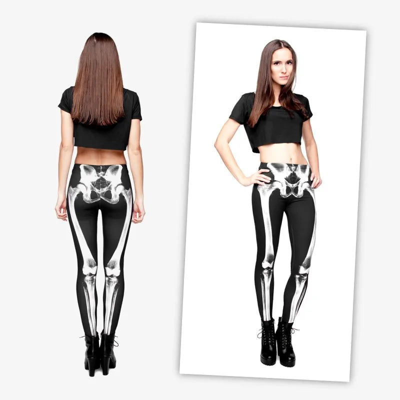 FCCEXIO Nouvelle Marque 3D Imprimé Rétro Os Noir Squelette Sexy Femmes Casual Punk Rock Leggins Taille Haute Pantalon Fitness Leggings