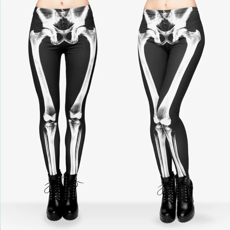 FCCEXIO Nouvelle Marque 3D Imprimé Rétro Os Noir Squelette Sexy Femmes Casual Punk Rock Leggins Taille Haute Pantalon Fitness Leggings