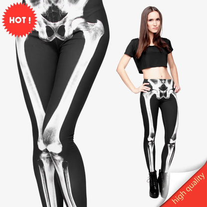 FCCEXIO Nouvelle Marque 3D Imprimé Rétro Os Noir Squelette Sexy Femmes Casual Punk Rock Leggins Taille Haute Pantalon Fitness Leggings