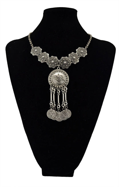 Ethnic Gypsy Vintage Metal Coin Tassel Necklaces Carved Flower For Women Boho Tibetan Silver Necklaces Turkish Tribal Jewelry