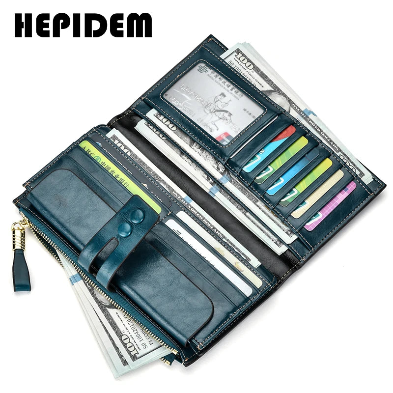 HEPIDEM RFID High Quality Genuine Leather Long Wallet 2020 New Female Front Pocket Money Dollar Bill Purse for Women 8239