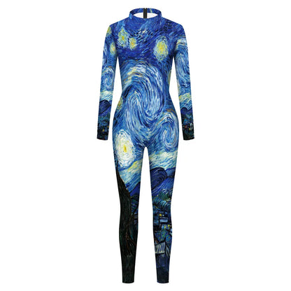 FCCEXIO Enganliegende Jumpsuits für Damen mit Van Gogh-Gemälden in Stern- und Mondnacht, Cosplay-Kostüme, langärmelige Catsuits, modische Bodysuits