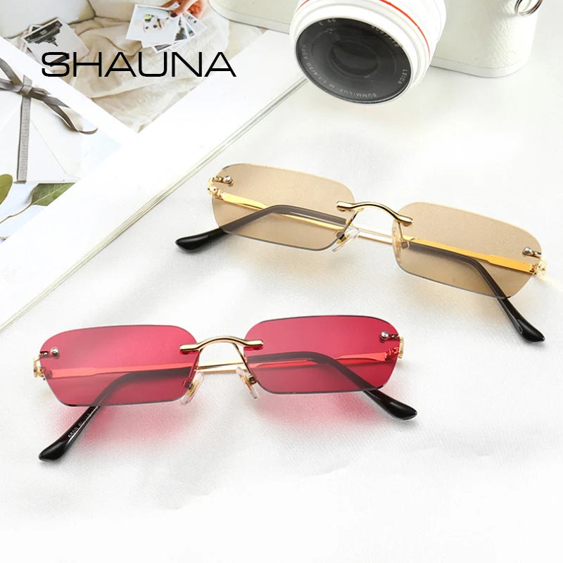 SHAUNA Lunettes de soleil tendance sans monture pour hommes, transparentes, rouges, bleues, jaunes, rectangulaires, UV400