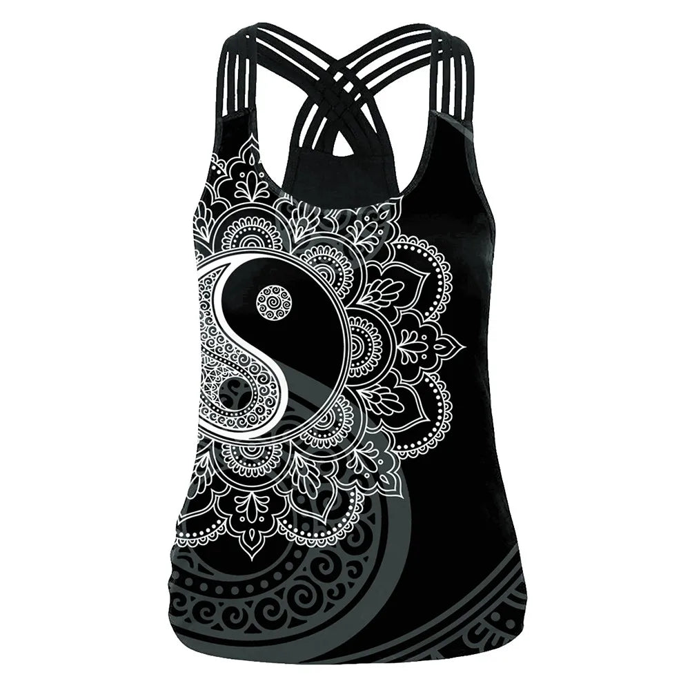 FCCEXIO The OM Symbol Mandala Women Vest Tops 3D Printed Aztec Round Ombre Flower Sling Tops Fashion Sexy Backless Tank Top