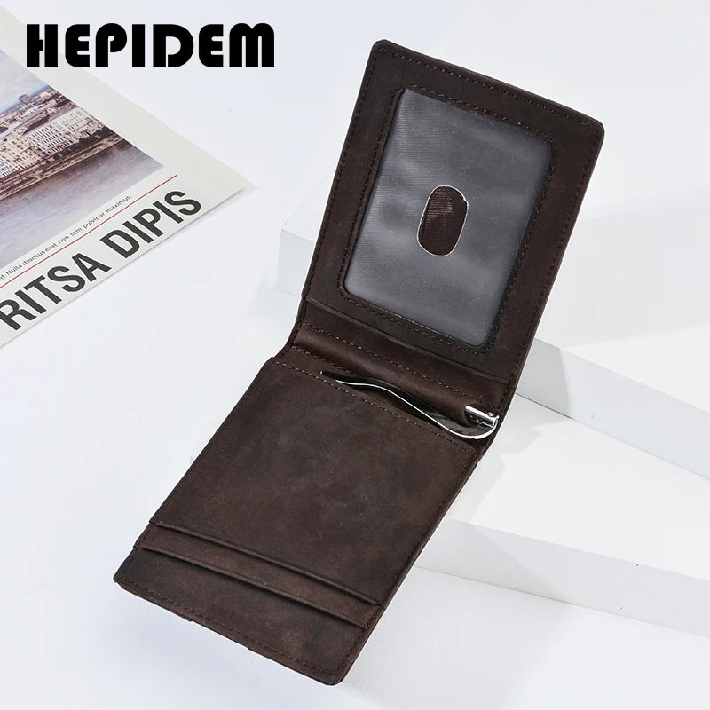 HEPIDEM RFID High Quality Crazy Horse Genuine Leather Slim Wallet 2020 New Front Pocket Money Dollar Bill Purse for Men 181