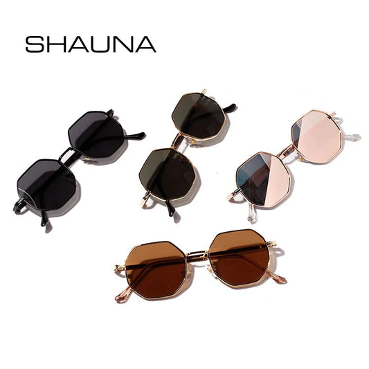 SHAUNA Retro Metal Frame Hexagon Sunglasses Brand Designer Fashion Rose Gold Mirror Shades UV400