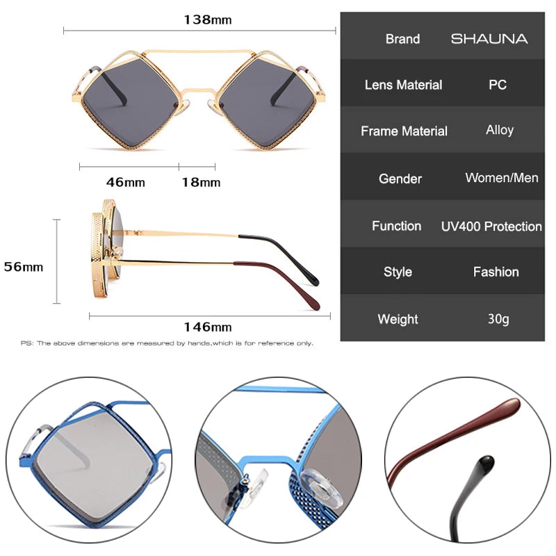 SHAUNA Retro Steampunk Sonnenbrille Herren Metall Hohlrahmen Farbverlauf Spiegel Shades UV400 Damen Punk Sonnenbrille