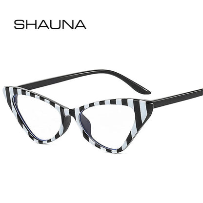 SHAUNA Lunettes de soleil œil de chat tendance pour femmes, verres transparents UV400, monture tendance pour hommes, rayures noires et blanches