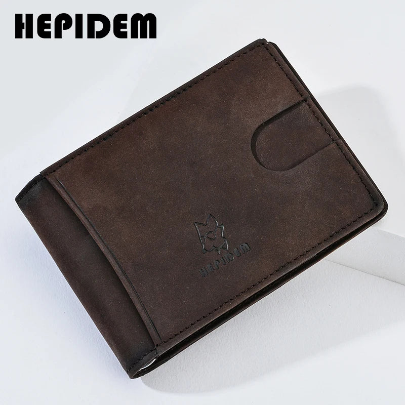 HEPIDEM RFID High Quality Crazy Horse Genuine Leather Slim Wallet 2020 New Front Pocket Money Dollar Bill Purse for Men 181