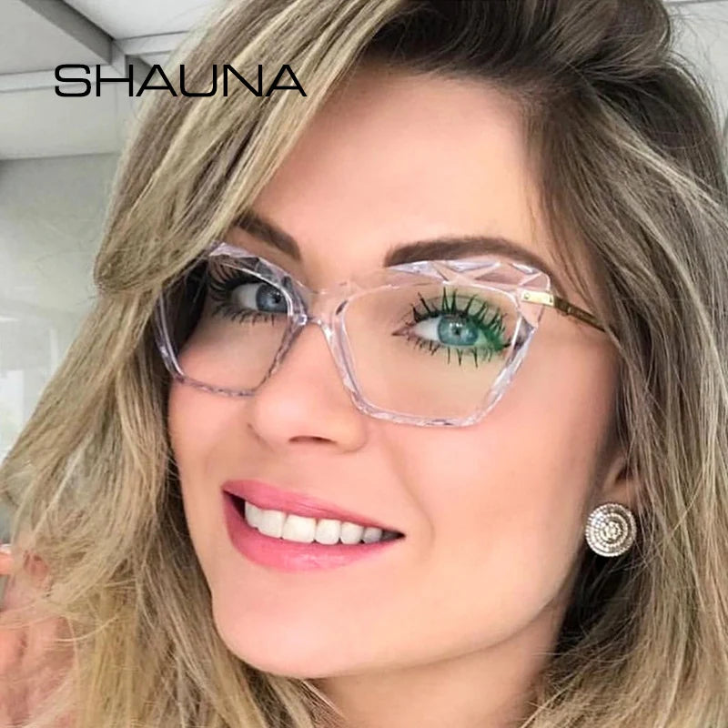 SHAUNA Spring Hinge Unique Faceted Eyeglasses Frame Women Transparent Cat Eye Glasses UV400