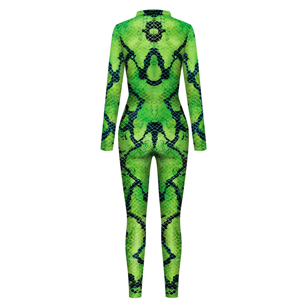 FCCEXIO Green Snake Sexy Printed Women Jumpsuit Carnival Fancy Party Cosplay Costume Bodysuit Adults Fitness Onesie Outfits