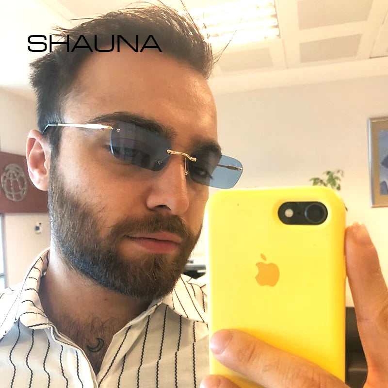 SHAUNA Lunettes de soleil tendance sans monture pour hommes, transparentes, rouges, bleues, jaunes, rectangulaires, UV400