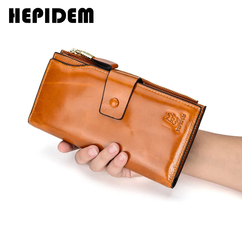 HEPIDEM RFID Hochwertiges echtes Leder Lange Brieftasche 2020 Neue weibliche Vordertasche Geld Dollarschein Geldbörse für Frauen 8236