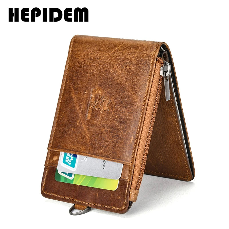 HEPIDEM RFID High Quality Crazy Horse Genuine Leather Slim Wallet 2020 New Front Pocket Money Dollar Bill Purse for Men K055